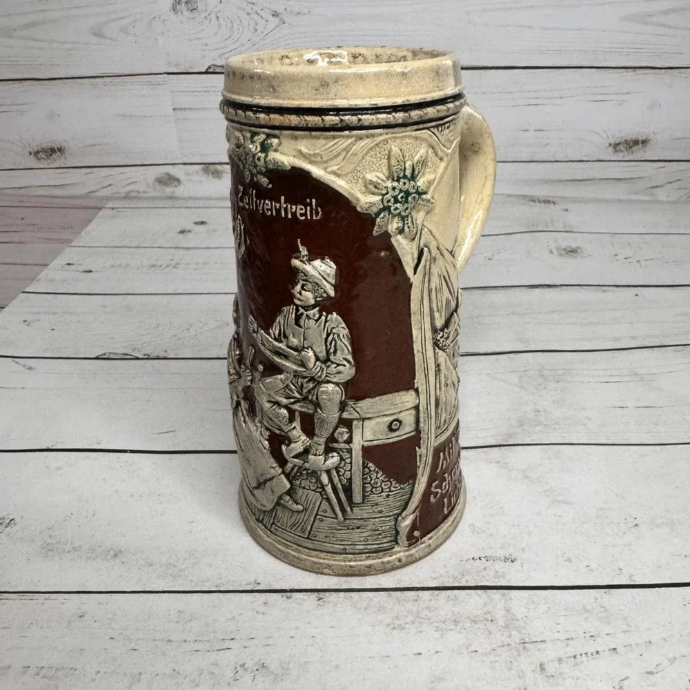 Vintage Zeitvertreib German Beer Stein Hand Painted Alpine Couple Mountain Cabin